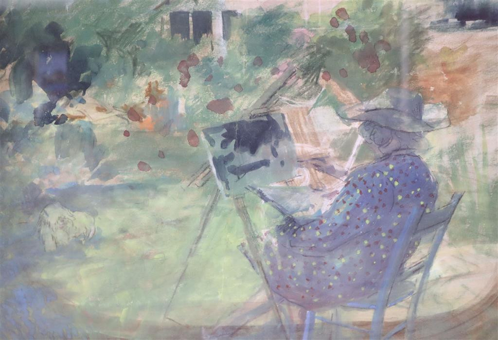 English School Lady artist sketching in a garden 37 x 50cm.